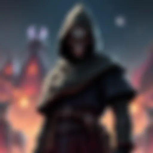 A digital art piece showing the Skull Merchant, a shadowy figure with a skull-themed mask and dark clothing, standing in a gaming environment filled with tension and unease.