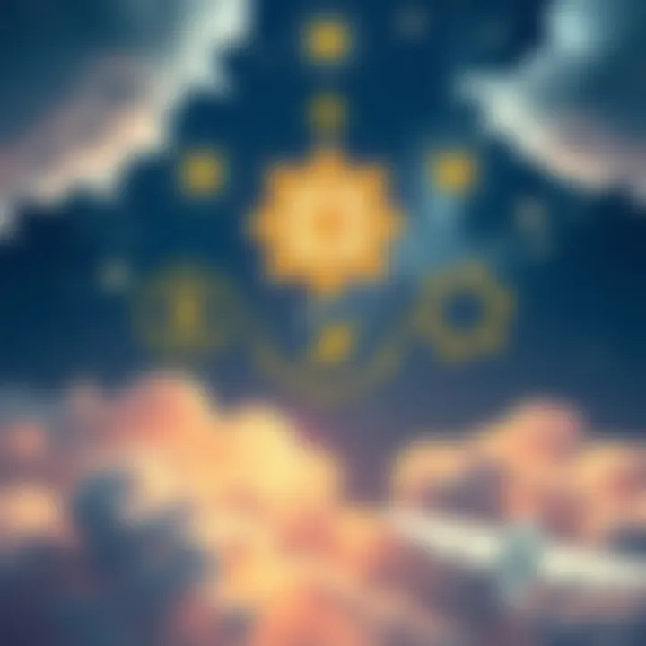 Various symbols representing the Sky Arcana from Quarteros, surrounded by a mystical glow and clouds.