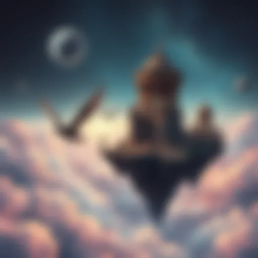 A vivid depiction of floating islands with ancient structures, showcasing wyverians interacting with gravity manipulation technology, surrounded by clouds and a starry sky.