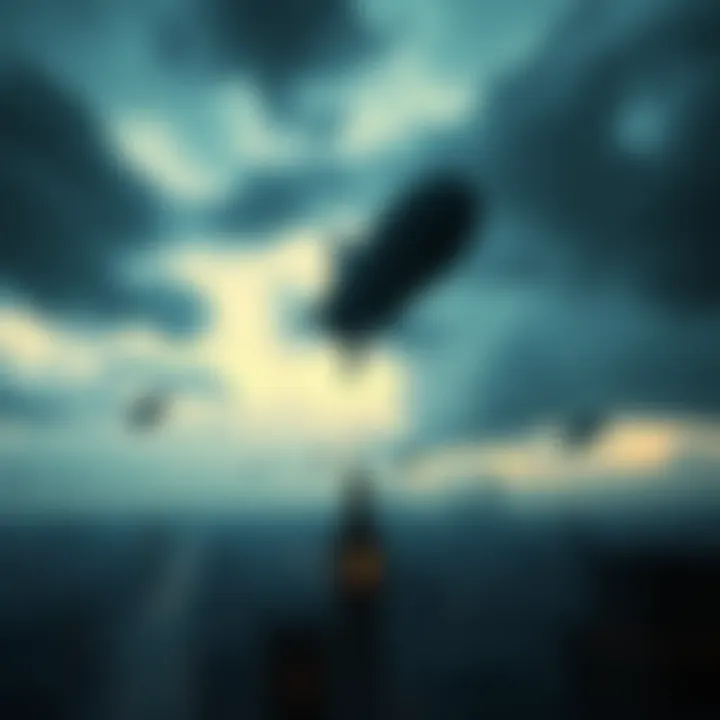 A scene showing dark, cloudy skies over a stylized city inspired by Fallen London, with airships floating above.