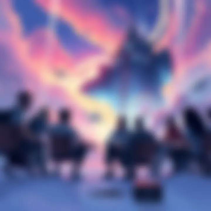 A vibrant illustration of a group of people discussing their thoughts on Sky Piercer, with visuals of the game elements in the background.