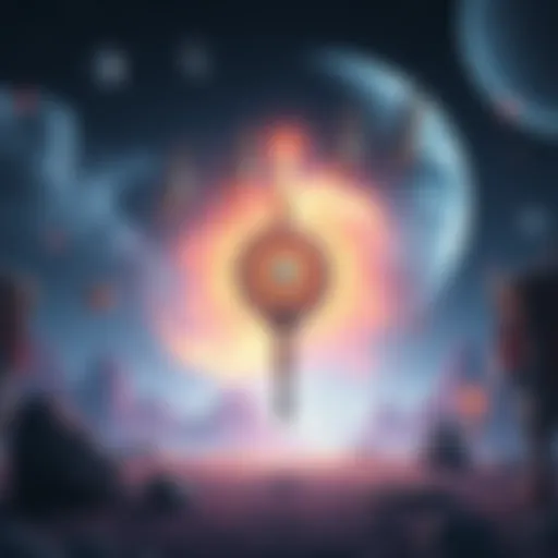 The 'Sky Piercer' universal scepter icon glowing in a fantasy landscape, surrounded by celestial elements.