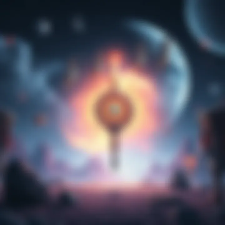 The 'Sky Piercer' universal scepter icon glowing in a fantasy landscape, surrounded by celestial elements.