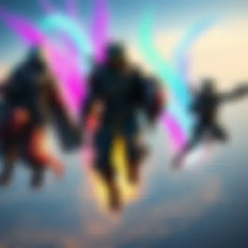 Wraith, Bloodhound, and Bangalore showcasing colorful skydive trails in a vibrant game setting