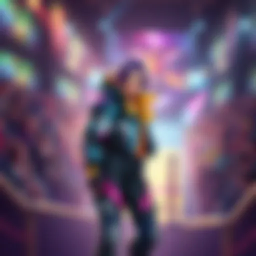 Skye, a vibrant character, stands confidently in a gaming arena, showcasing her skills with a determined expression. Surrounding her are cheering fans and vibrant visuals of the game world.