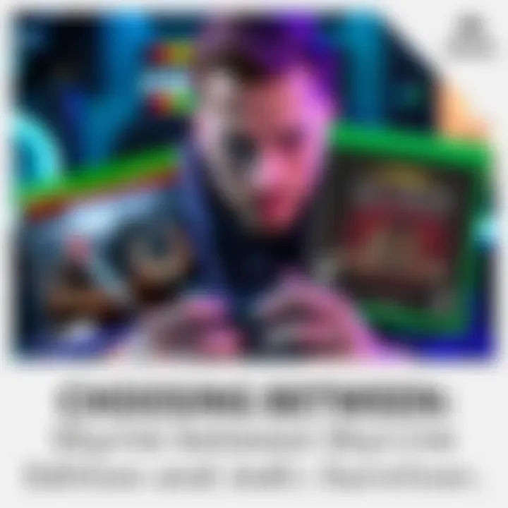 A gamer holding an Xbox controller, contemplating between two game cases for Skyrim Anniversary Edition and Jedi: Survivor, surrounded by a gaming setup.