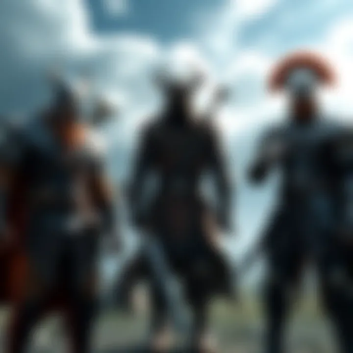 An image showing the main characters from Skyrim and Oblivion standing together, showcasing their unique armor and weapons in a fantasy setting.