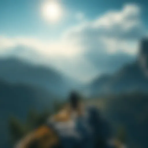 Skyrim Adventurer in Stunning Landscape A player character stands on a mountain peak overlooking the vast and beautiful world of Skyrim, filled with mountains and trees.