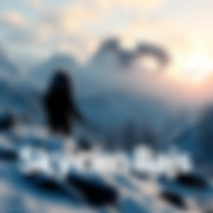 A character exploring a snowy landscape in Skyrim Bajs, with mountains and dragons in the background