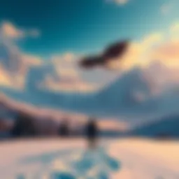 A player character exploring a snowy landscape in Skyrim, surrounded by mountains and a dragon in the sky.