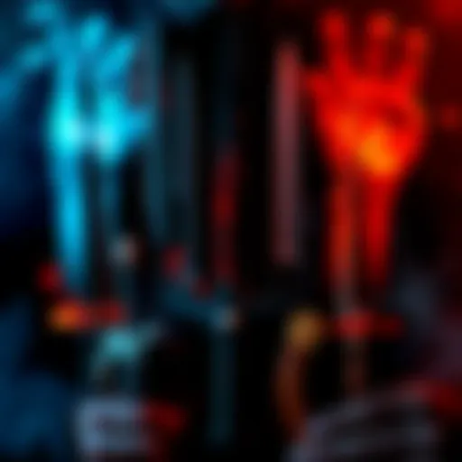 A display of various slasher movie weapons, highlighting blades emerging from hands and backs.