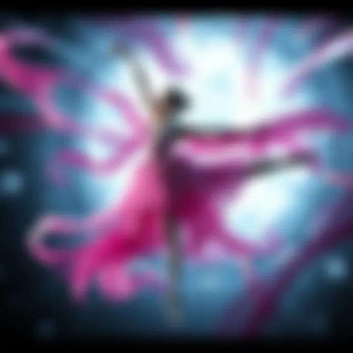 Slavic Gyre Ballerina Concept A futuristic ballerina inspired by Slavic culture, featuring flowing fabrics and dynamic poses, set against a stylized, abstract background representing the XX99 era.