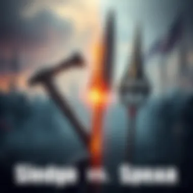 A side-by-side comparison of a sledge and a spear on a battlefield, showcasing the sledge's sturdy design and the spear's long reach.