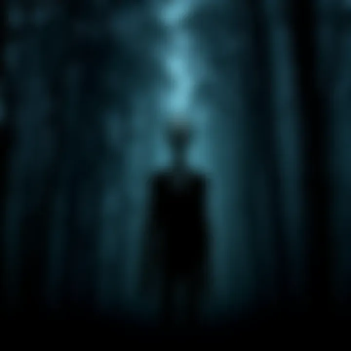 A tall, thin figure with a faceless head stands ominously in a dimly lit forest, surrounded by trees.