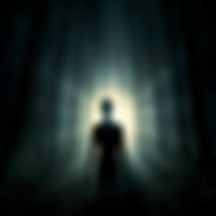 A tall, faceless figure resembling Slenderman stands in a shadowy forest, creating an eerie atmosphere