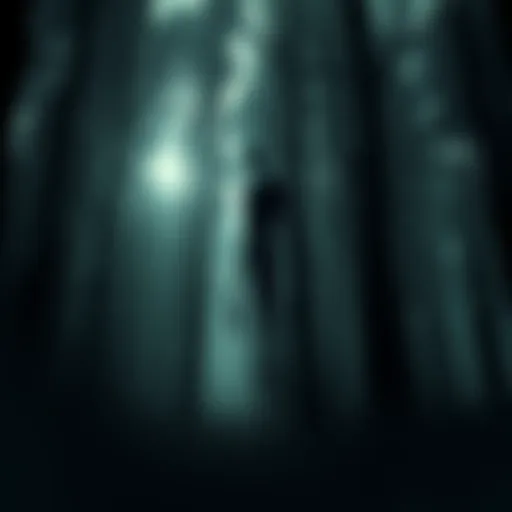 Slenderman character standing in a dark forest, with long limbs and a faceless head, surrounded by trees and fog.