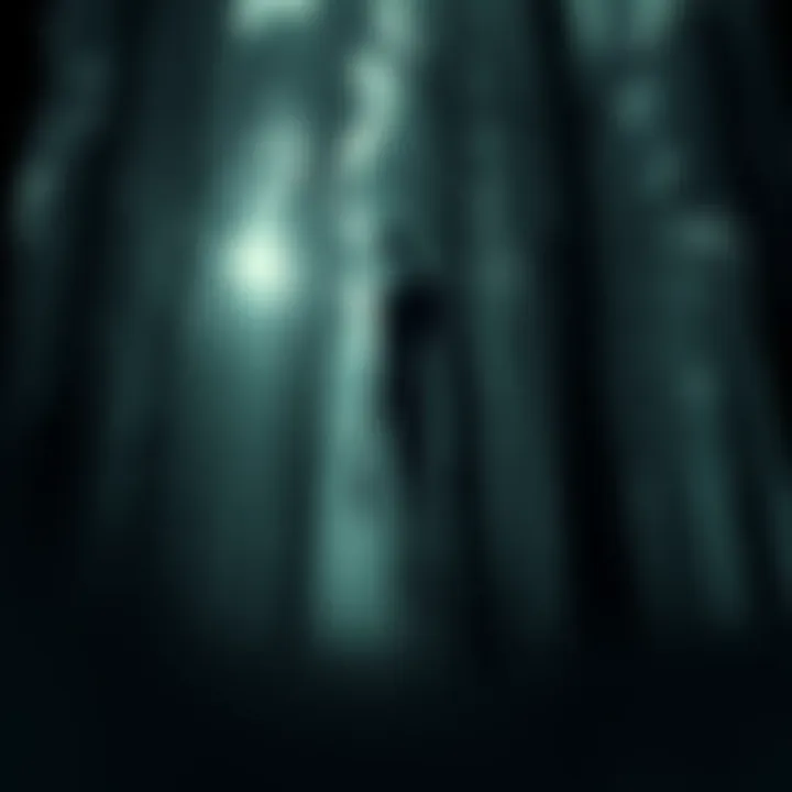 Slenderman character standing in a dark forest, with long limbs and a faceless head, surrounded by trees and fog.