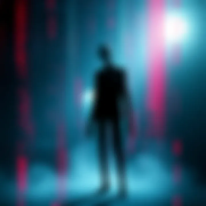 A shadowy figure resembling Slenderman stands in a glitchy background, creating an unsettling atmosphere.