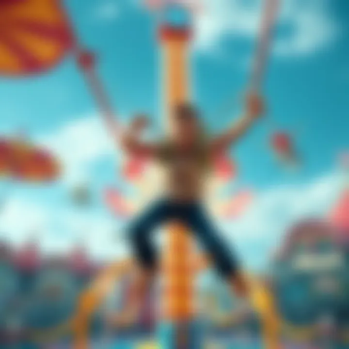A character being propelled through the air by a slingshot in a colorful amusement park setting