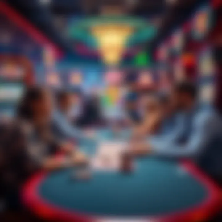 Players sharing tips on slot strategies at a gaming table with machines in the background