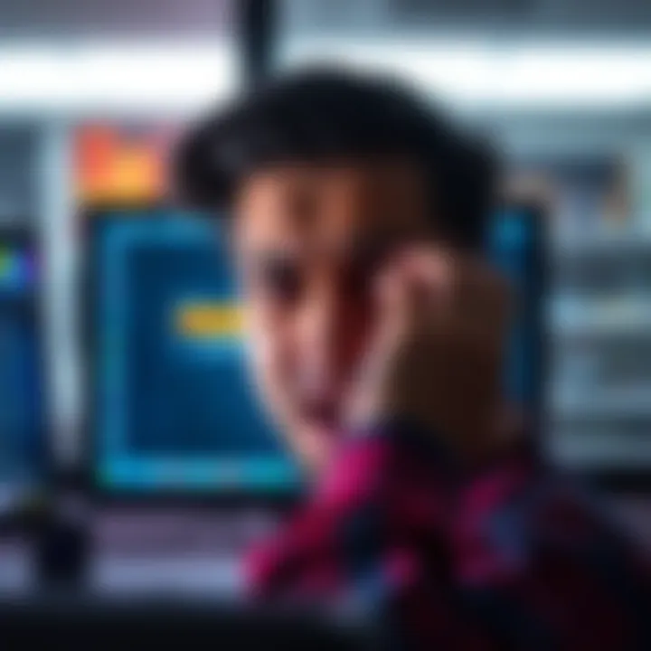 A frustrated person looking at a computer screen with a slow download progress bar showing low speed despite a high-speed connection.