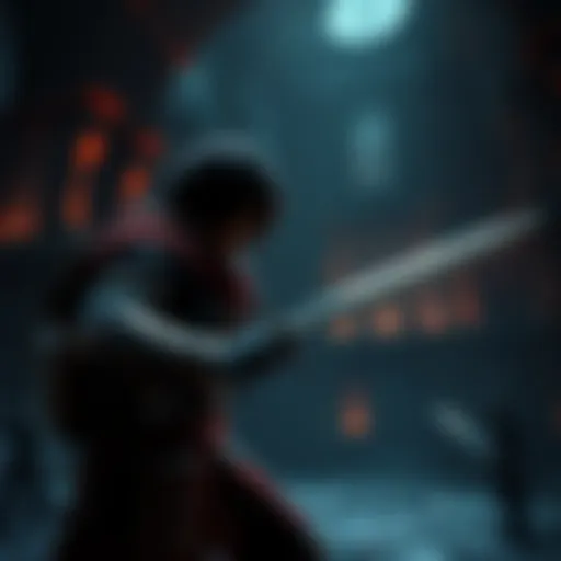 Slow Combat in Soulslike Games A character with a sword in a dark fantasy setting, engaged in methodical combat against an enemy. The background shows a dimly lit environment with medieval architecture.