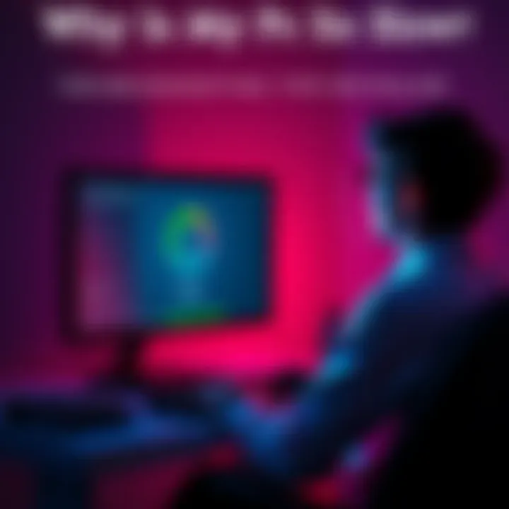 A frustrated person sitting at a slow computer with a loading screen, showing a GPU performance chart on the monitor