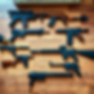 Best Slow Single-Shot Weapons A selection of various slow single-shot weapons laid out on a wooden surface, showcasing their distinct designs and features.