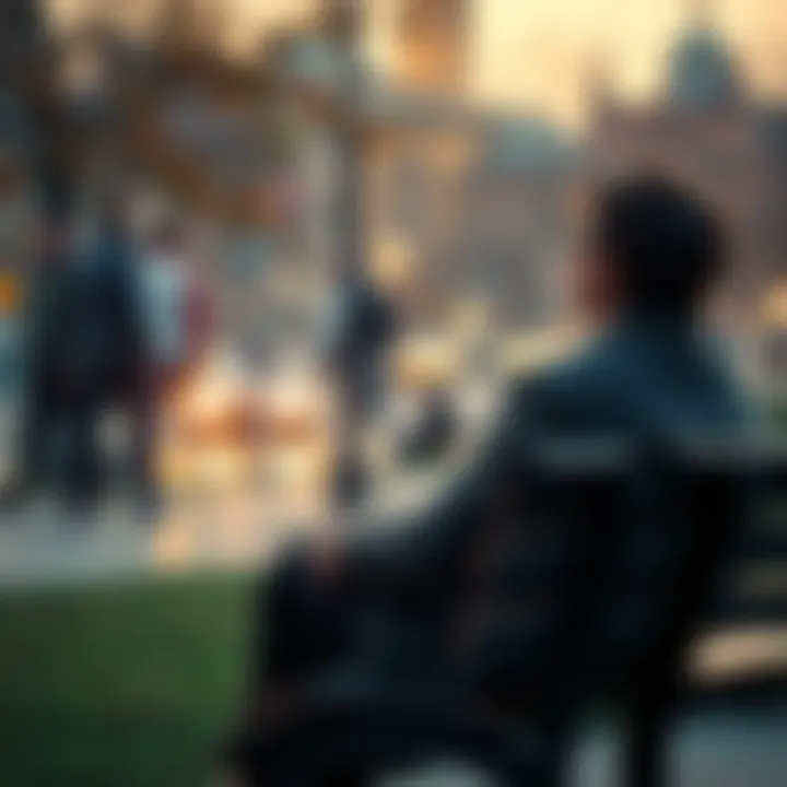 A person sitting on a park bench, looking contemplative as they watch people and events unfold around them, symbolizing the slow nature of negative experiences.