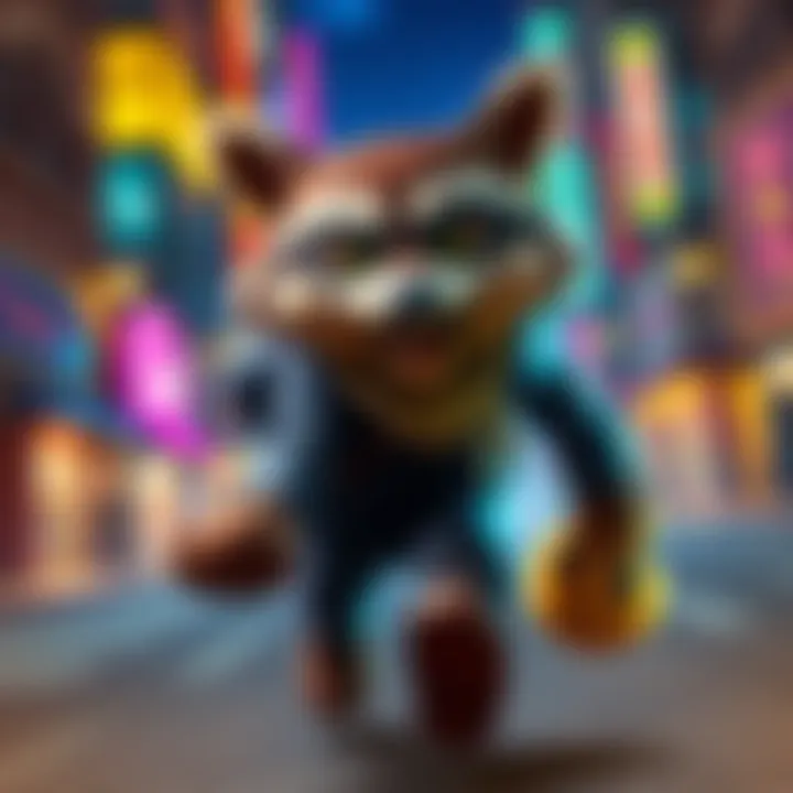 A cartoon raccoon character with a mask, holding a thief's bag, running through a colorful environment that resembles a city at night.