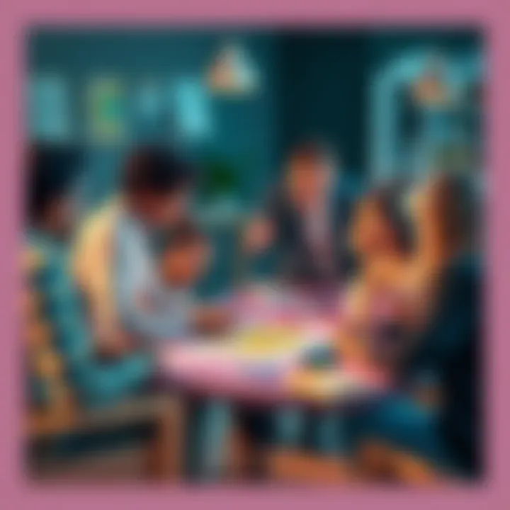 A group of diverse people discussing and sharing ideas about small maps around a table with sketches and colorful markers.