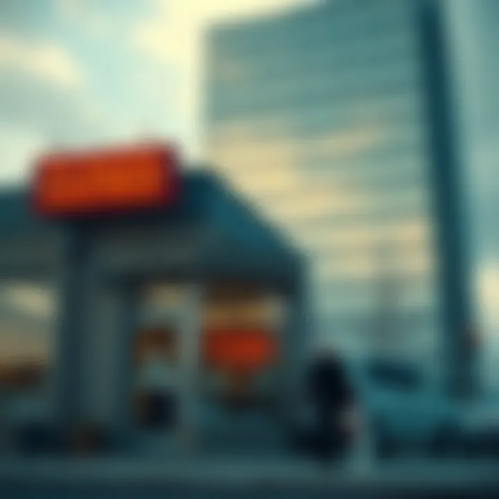 A small storefront with a sign showing 'Closed' while a larger corporate building looms in the background, symbolizing the struggle of smaller entities against larger corporations.