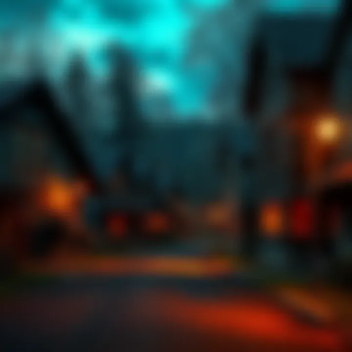 Small town with rising tension A quaint small town street at dusk, with dimly lit houses and an uneasy atmosphere, hinting at underlying tensions.