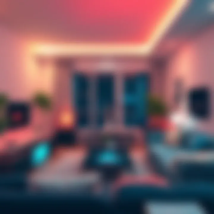 A modern living room featuring smart home devices like a voice assistant, smart lights, and a tablet controlling the atmosphere.
