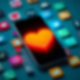 A smartphone displaying a heart emoji, symbolizing love in the digital age, surrounded by various app icons.