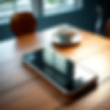 Smartphone without case on a table A sleek smartphone without a case, showcasing its design and color on a wooden table.