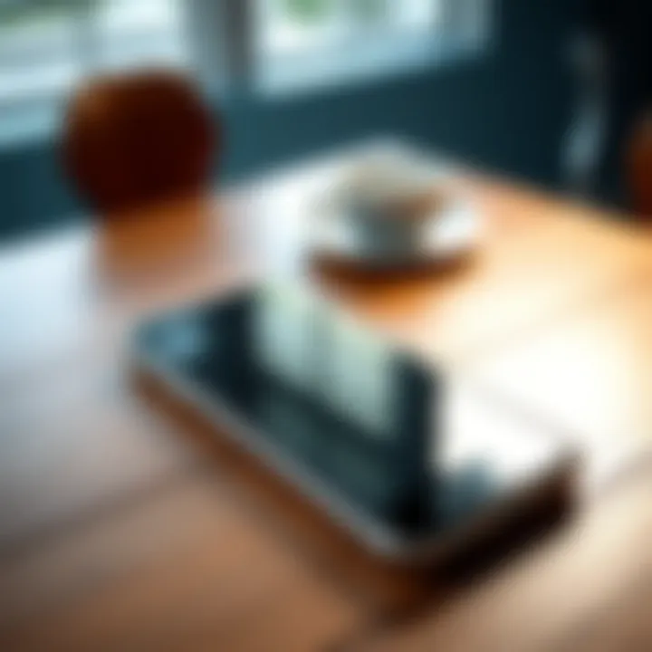 Smartphone without case on a table A sleek smartphone without a case, showcasing its design and color on a wooden table.