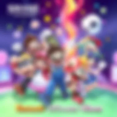 A colorful illustration of various characters from Smash Ultimate celebrating together in a joyful scene.
