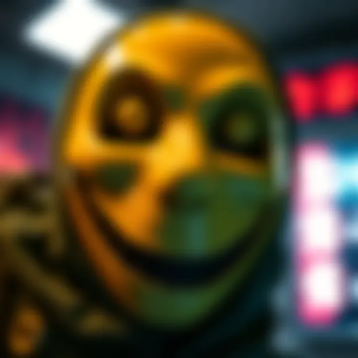 A close-up of a Smiley Mask used in the Manhunt game, featuring a bright yellow face with a large smile.