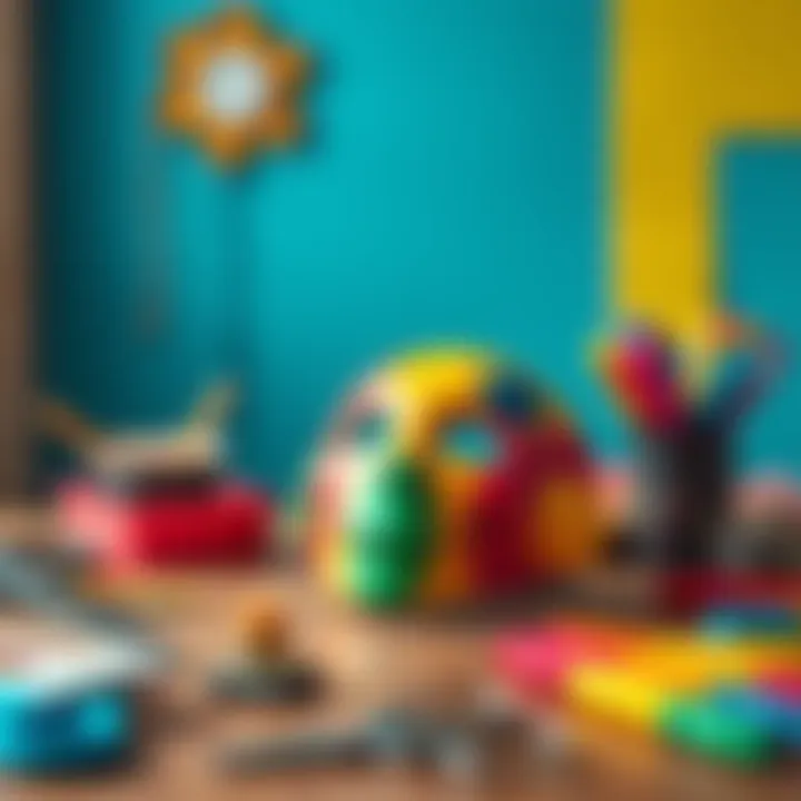 A colorful smiley mask on a table surrounded by craft supplies like scissors and markers