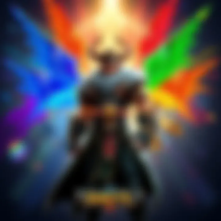 A character from Smite 2 stands ready for battle, showcasing new gear and items while surrounded by vibrant colors representing different roles in the game.