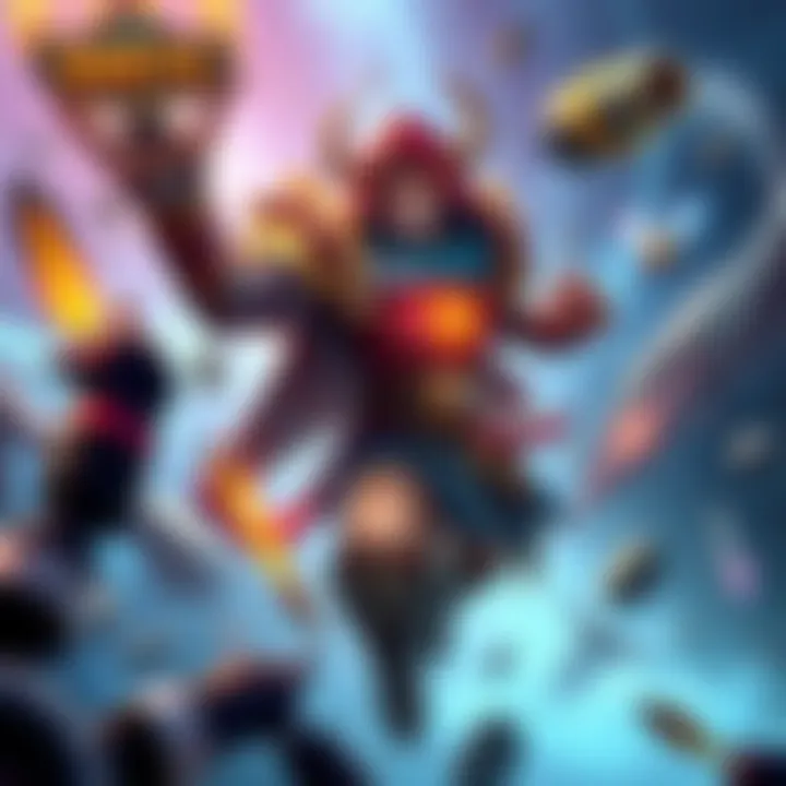 A vibrant character design showcasing unique abilities and features from Smite, surrounded by action elements that represent enhanced gameplay.