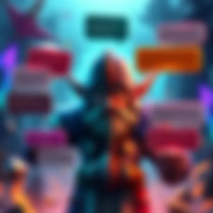 Smite Quotes in Gameplay A player character from Smite surrounded by chat bubbles, displaying memorable quotes from gameplay interactions.