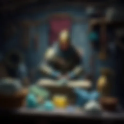 A character in armor is crafting with smithing stones at a workbench, surrounded by tools and materials for upgrading gear.