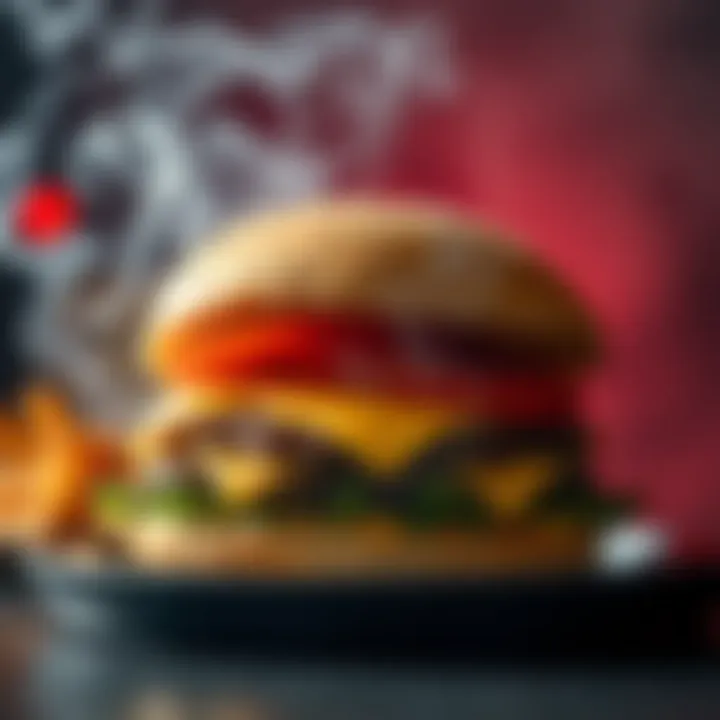 A cheeseburger with smoke rising from it, showcasing the unique cooking method.
