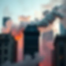 Smoke billowing from a city building while a clock shows three minutes, illustrating the time it takes for smoke to clear after a fire.