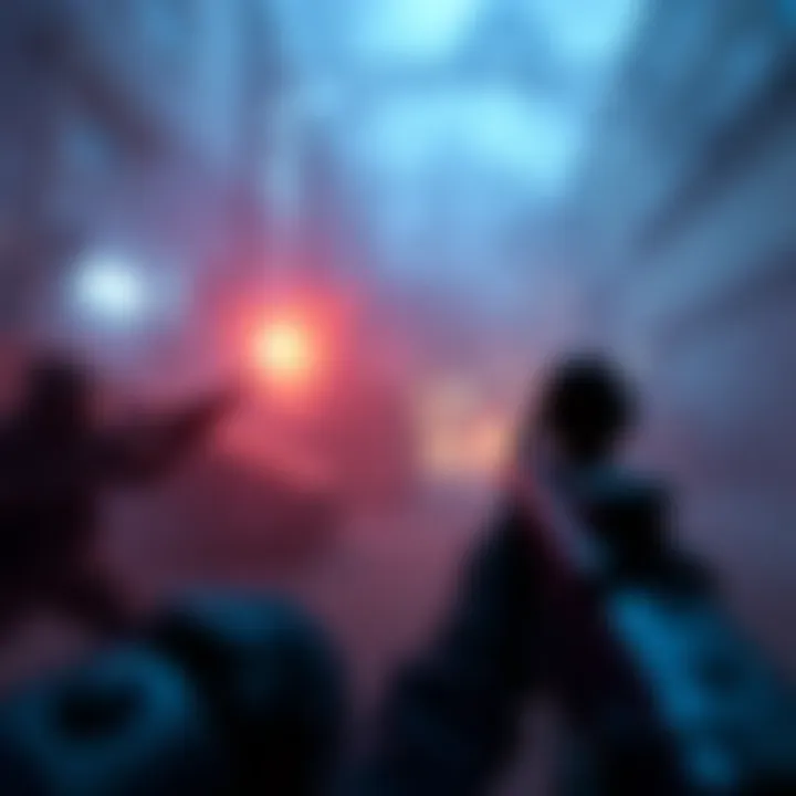 Smoke from Gunfire A scene showing blurred visibility due to smoke from gunfire in a dark area, with a player using ping markers to navigate