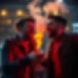 Two friends laughing as one emits smoke from a playful device, signaling a friendly duel.