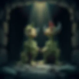 Smolgott and Smolgh sit together in a dark, gloomy dungeon, expressing sadness and fear. Shadows loom around them, highlighting their troubled expressions as they reflect on their childhood struggles.