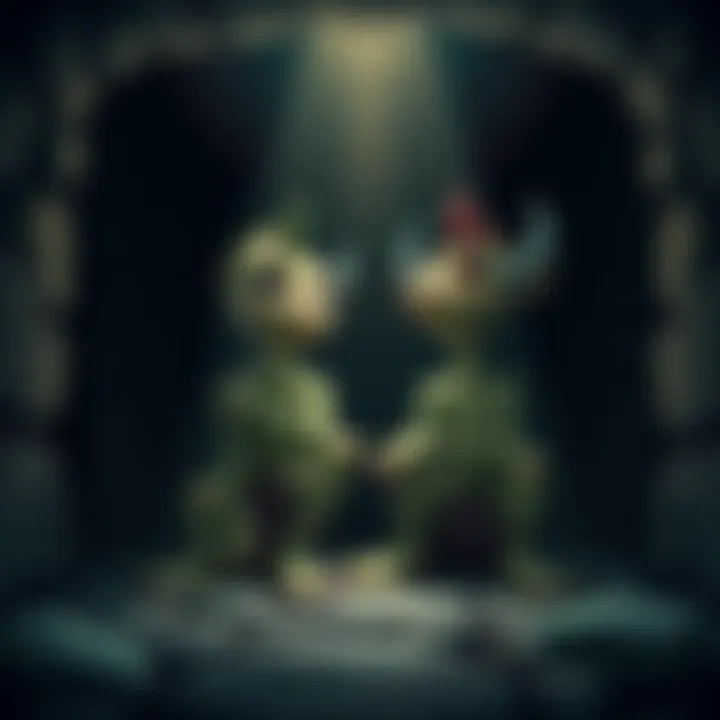 Smolgott and Smolgh sit together in a dark, gloomy dungeon, expressing sadness and fear. Shadows loom around them, highlighting their troubled expressions as they reflect on their childhood struggles.